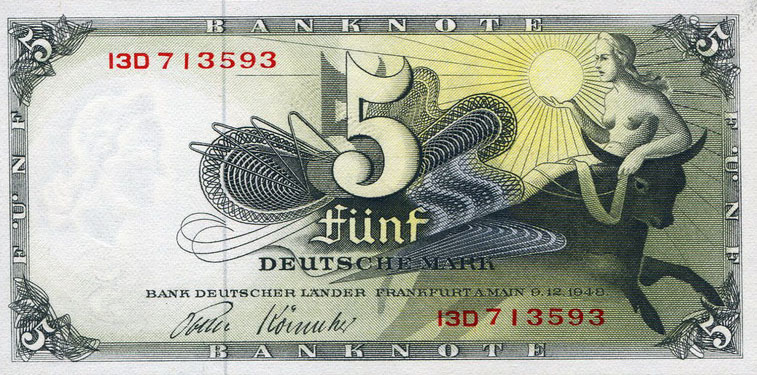 Front of German Federal Republic p13e: 5 Deutsche Mark from 1948