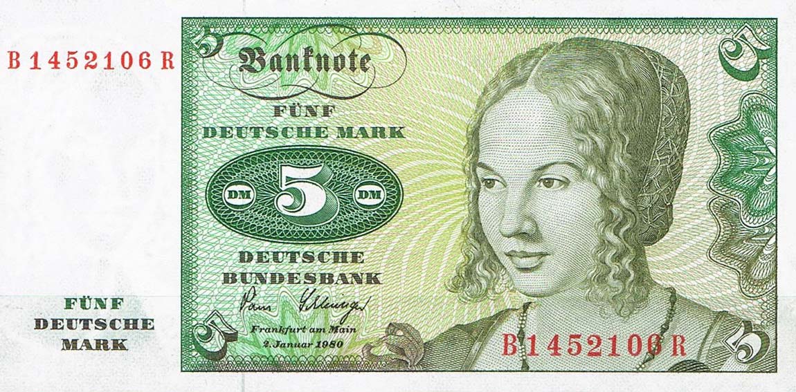 Front of German Federal Republic p30b: 5 Deutsche Mark from 1980