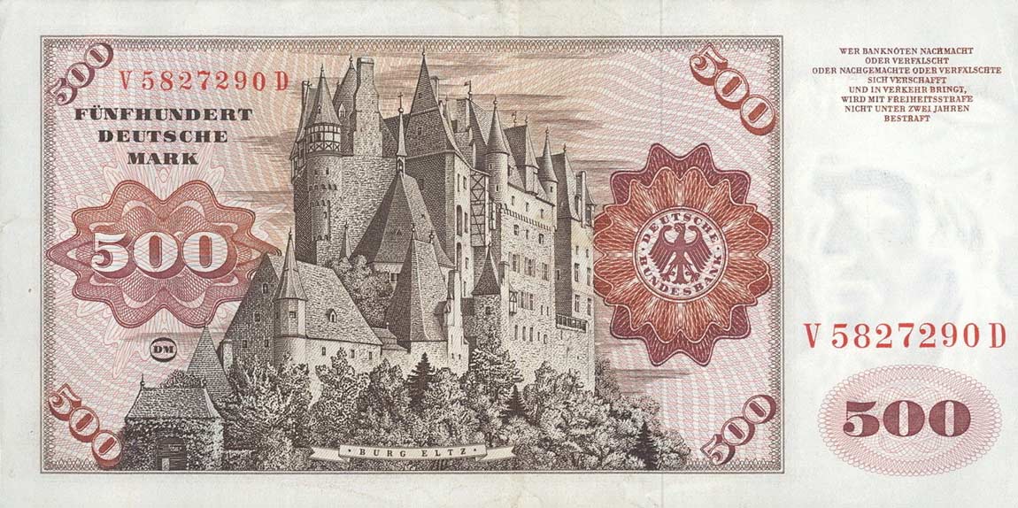 Back of German Federal Republic p35a: 500 Deutsche Mark from 1970