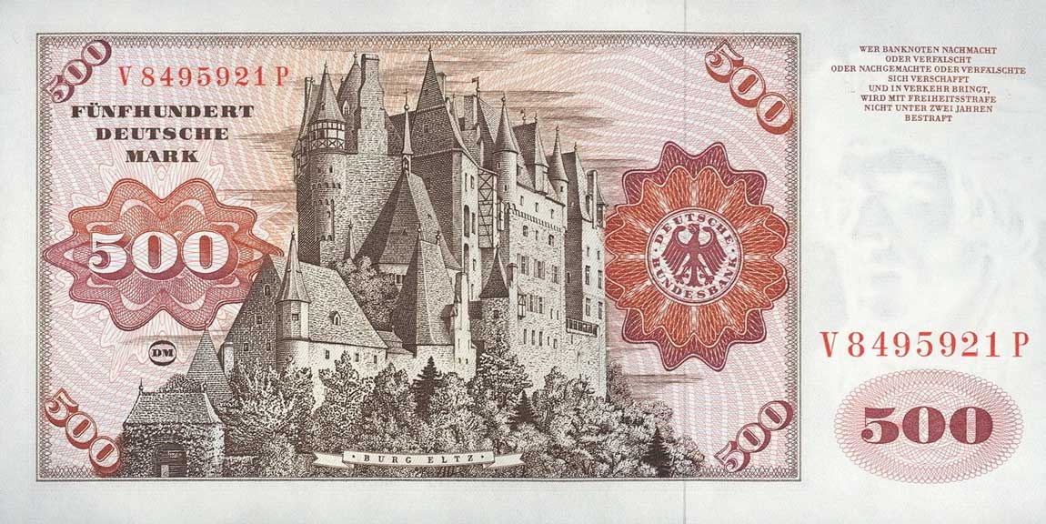 Back of German Federal Republic p35b: 500 Deutsche Mark from 1977