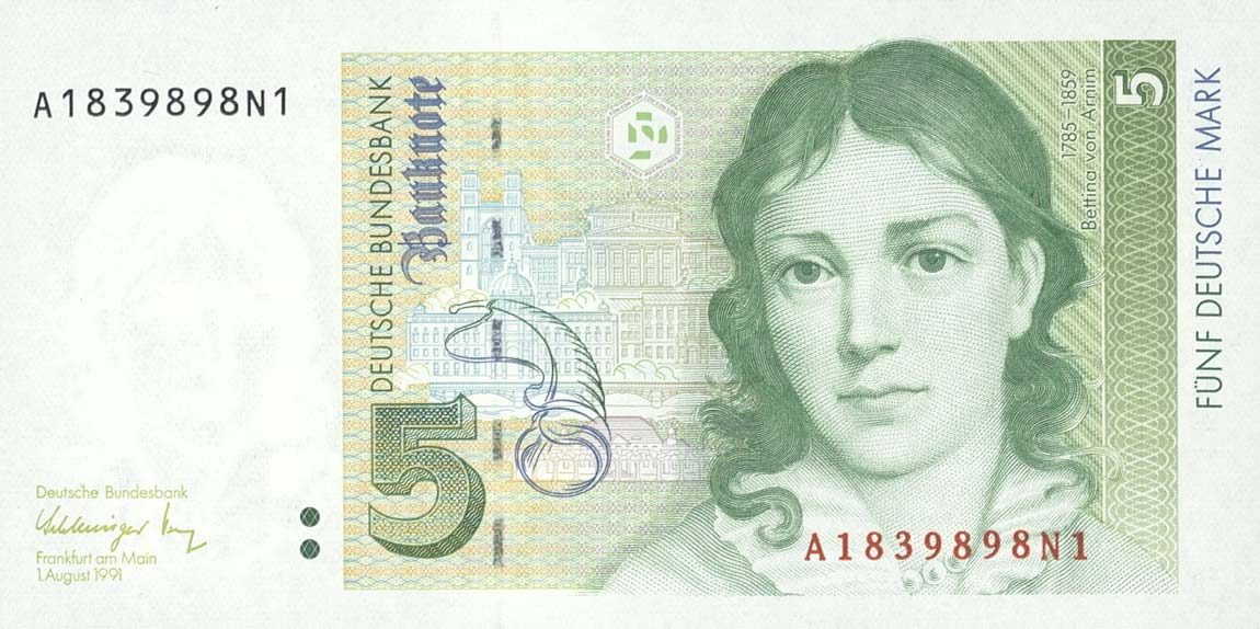 Front of German Federal Republic p37a: 5 Deutsche Mark from 1991