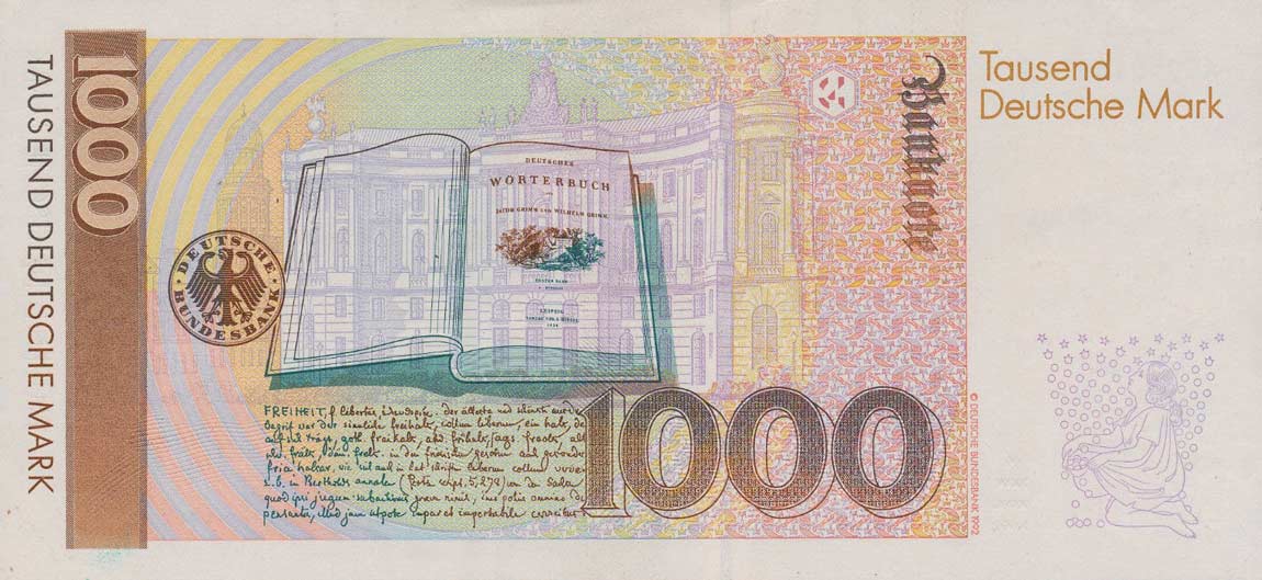 Back of German Federal Republic p44b: 1000 Deutsche Mark from 1993