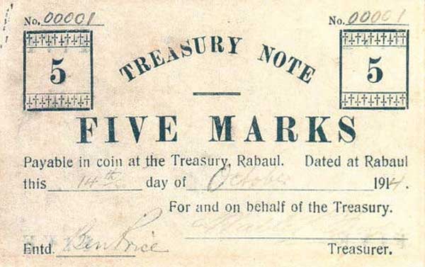 Front of German New Guinea p1a: 5 Mark from 1914