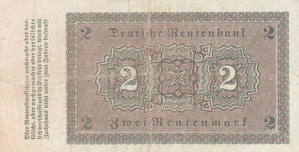 Back of Germany p162a: 2 Rentenmark from 1923