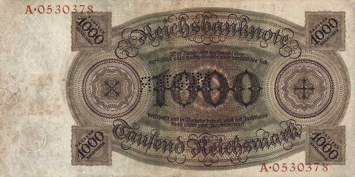 Back of Germany p179s: 1000 Reichsmark from 1924