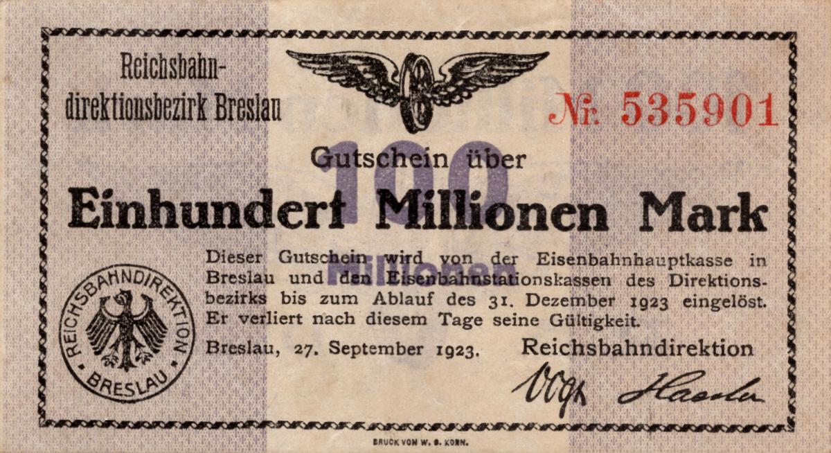 Front of Germany pS1137: 100000000 Mark from 1923