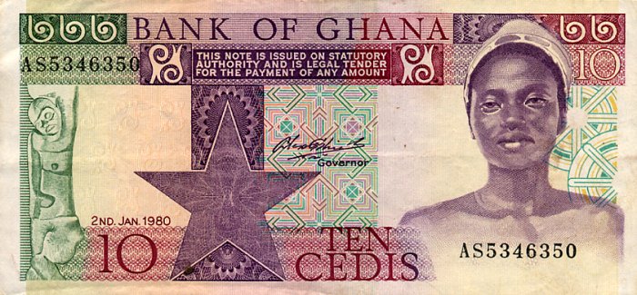 Front of Ghana p20b: 10 Cedis from 1980