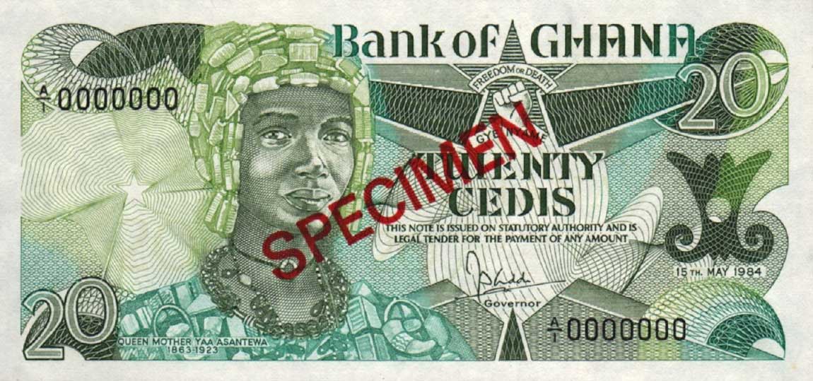 Front of Ghana p24s: 20 Cedis from 1984