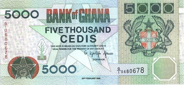 Front of Ghana p31c: 5000 Cedis from 1996