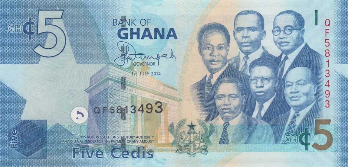 Front of Ghana p38e: 5 Cedis from 2014