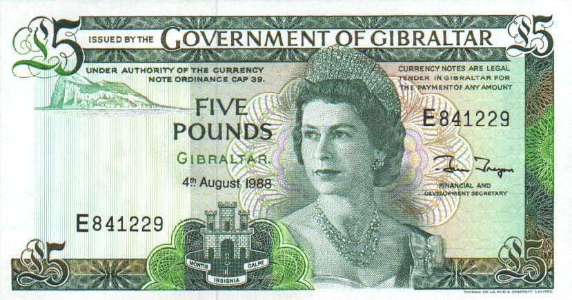 Front of Gibraltar p21b: 5 Pounds from 1988