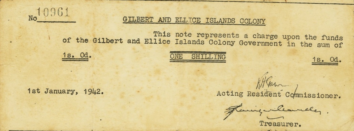 Front of Gilbert and Ellice Islands p1: 1 Shilling from 1942