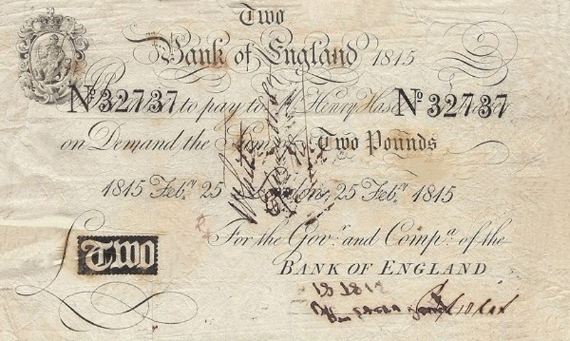 Front of England p191c: 2 Pounds from 1807