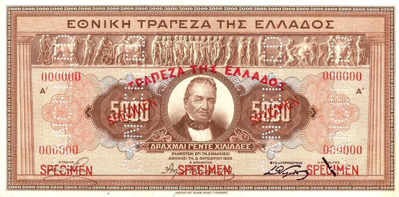 Front of Greece p101s: 5000 Drachmaes from 1926