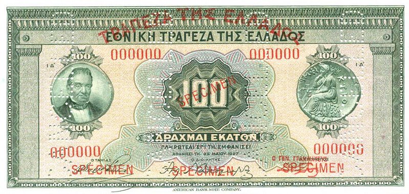 Front of Greece p98s: 100 Drachmaes from 1927