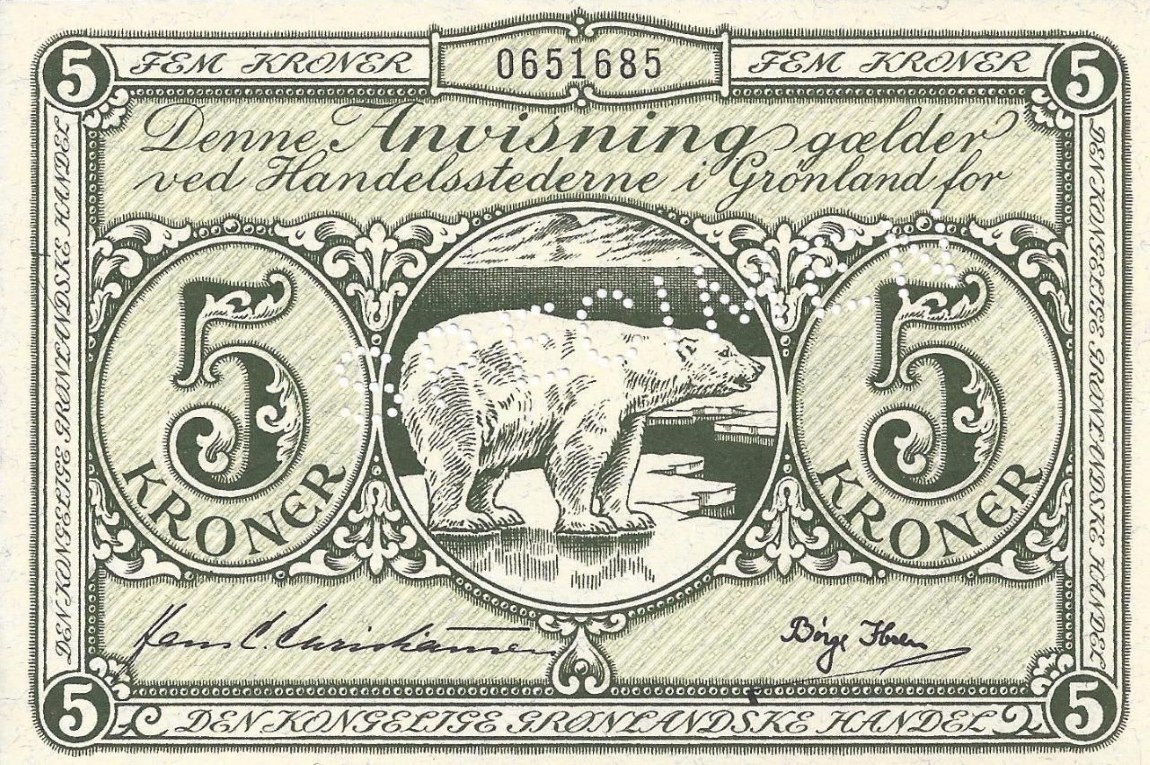 Front of Greenland p18s: 5 Kroner from 1953