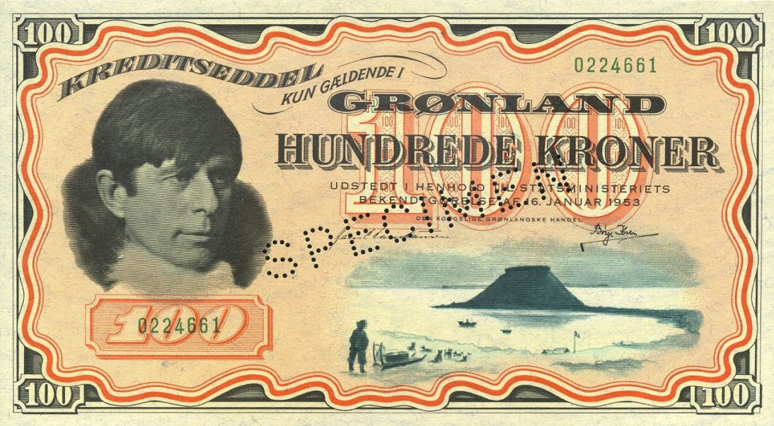 Front of Greenland p21s3: 100 Kroner from 1953