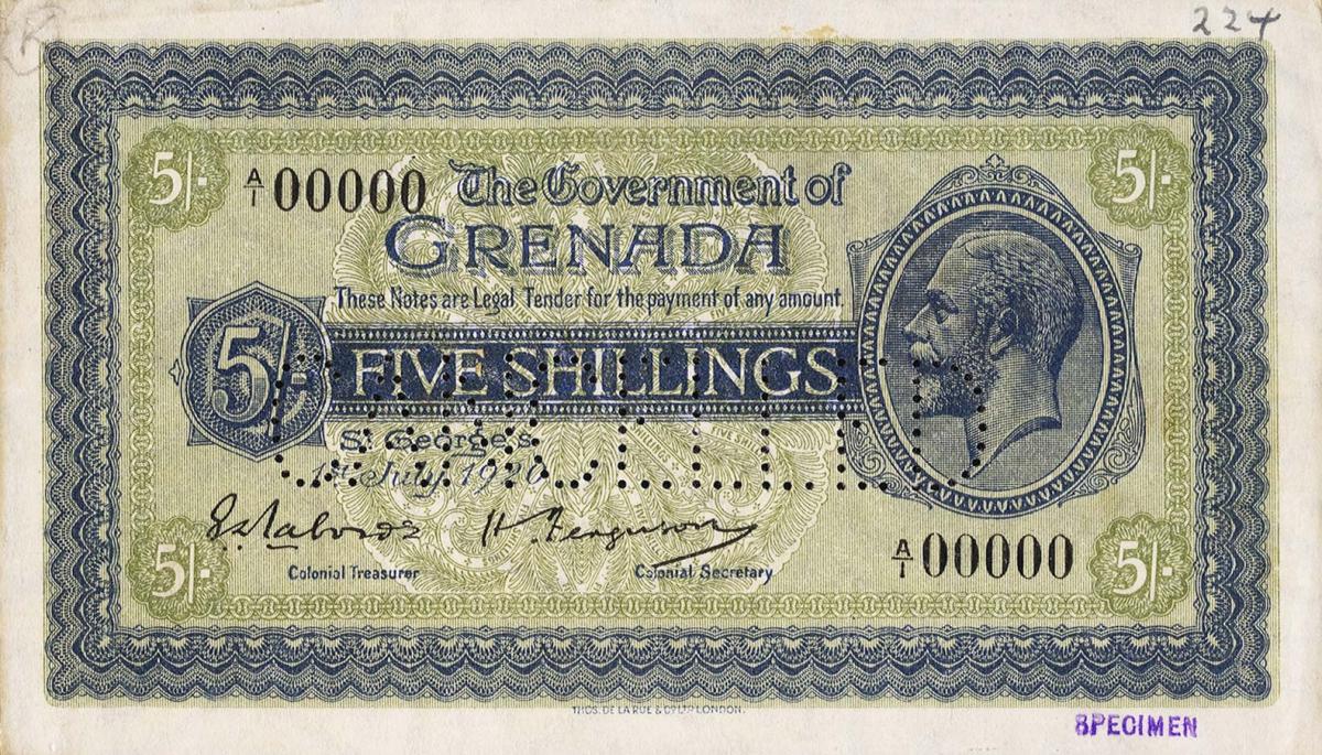 Front of Grenada p2s: 5 Shillings from 1920