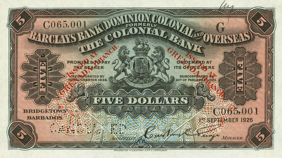 Front of Grenada pS106s: 5 Dollars from 1926