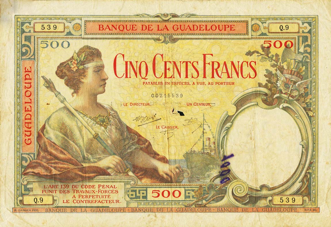 Front of Guadeloupe p17: 500 Francs from 1934