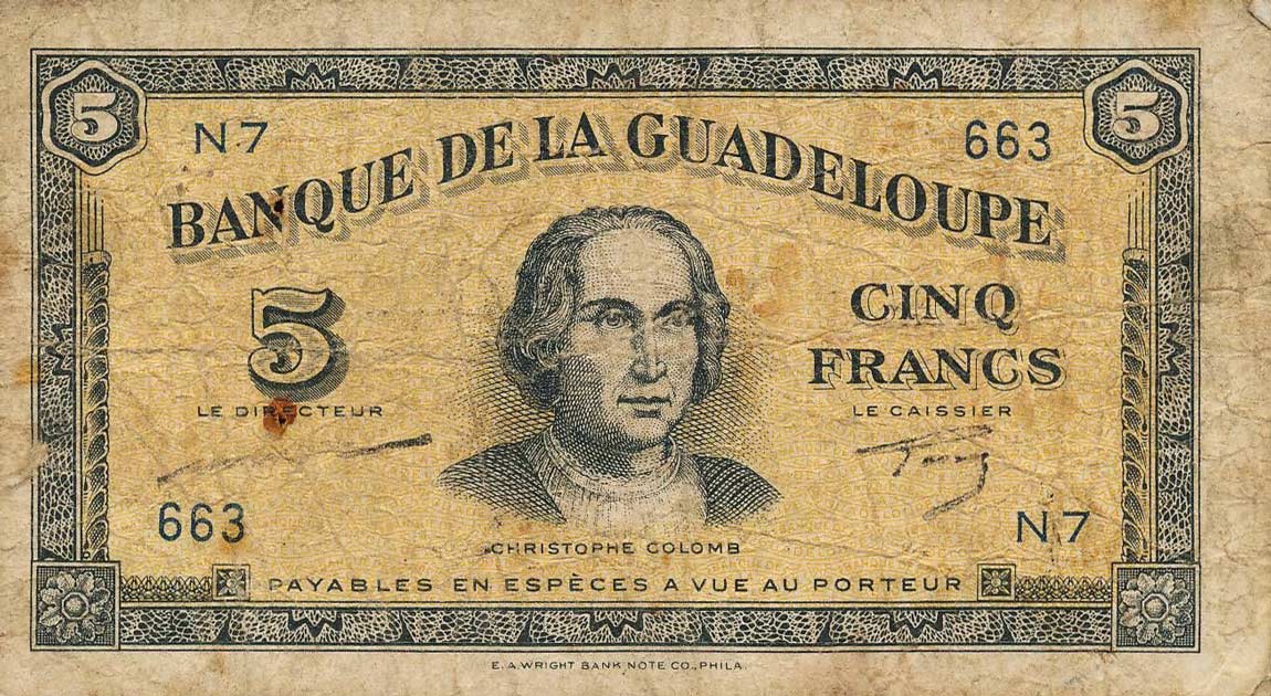 Front of Guadeloupe p21a: 5 Francs from 1942