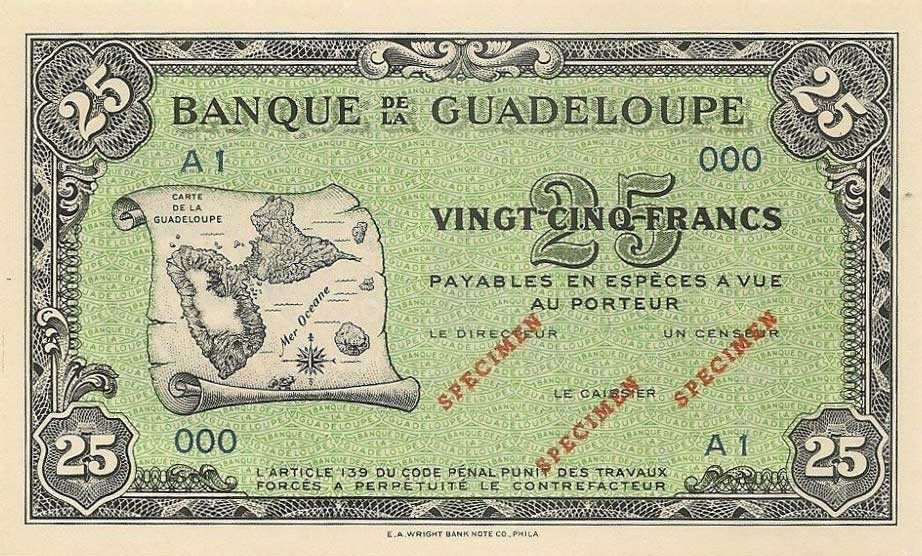 Front of Guadeloupe p22s: 25 Francs from 1942