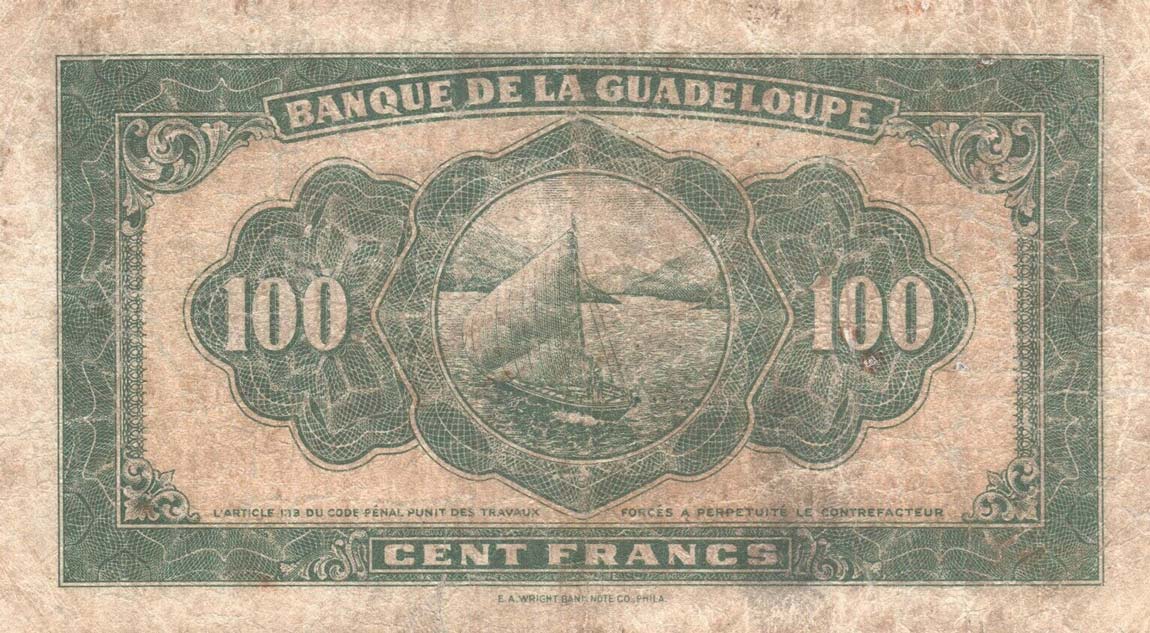 Back of Guadeloupe p23b: 100 Francs from 1942