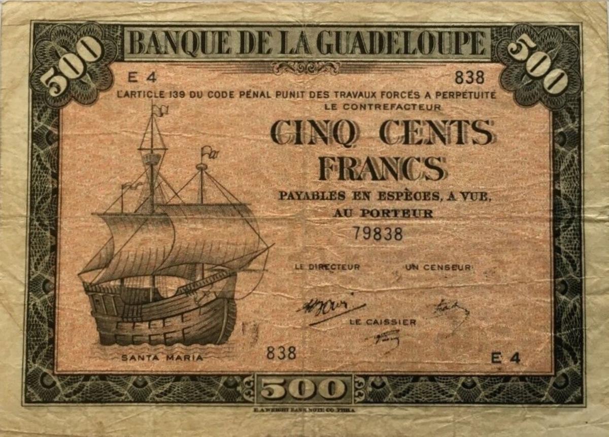 Front of Guadeloupe p24b: 500 Francs from 1942