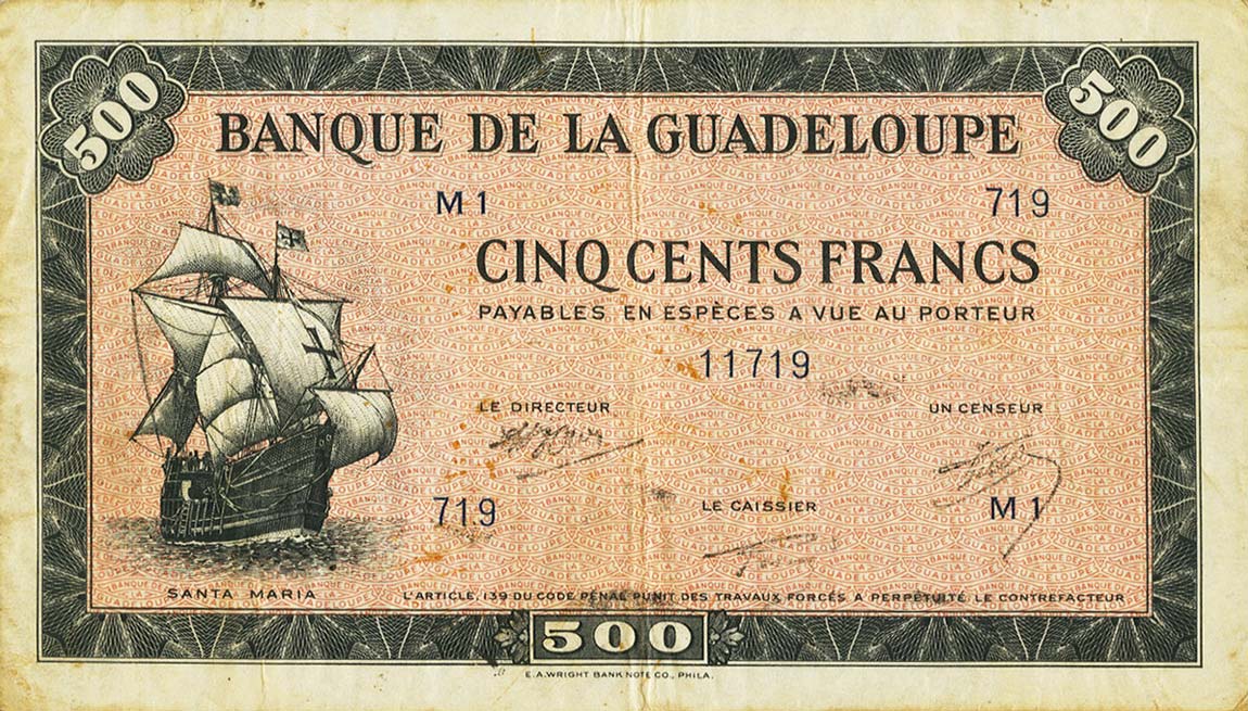 Front of Guadeloupe p25a: 500 Francs from 1942