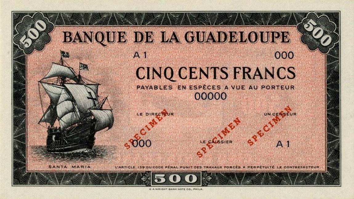 Front of Guadeloupe p25s: 500 Francs from 1942