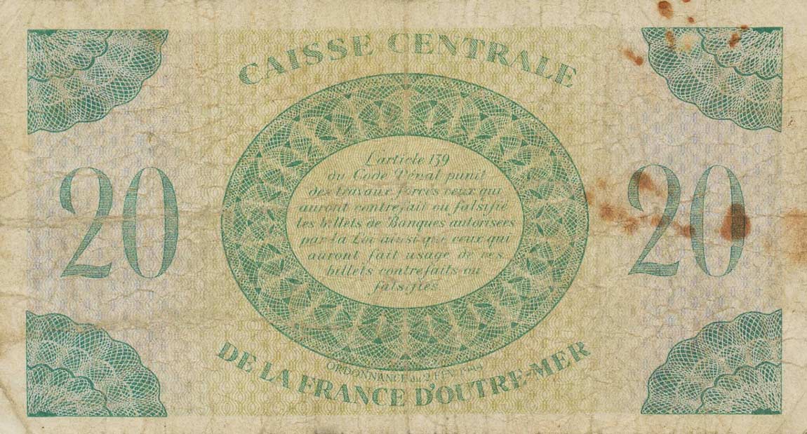 Back of Guadeloupe p28a: 20 Francs from 1944