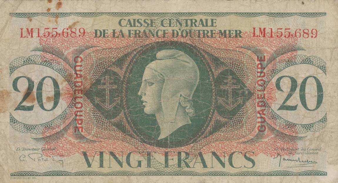 Front of Guadeloupe p28a: 20 Francs from 1944