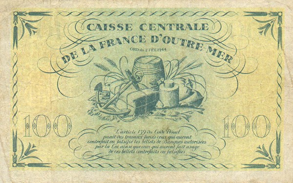 Back of Guadeloupe p29a: 100 Francs from 1944