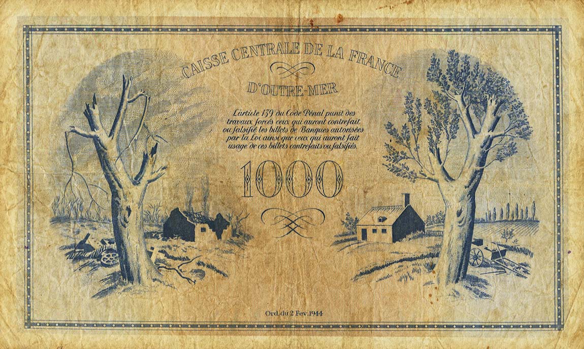 Back of Guadeloupe p30b: 1000 Francs from 1944