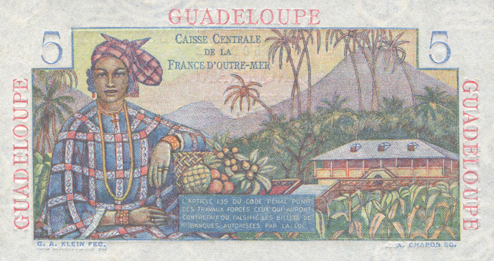 Back of Guadeloupe p31a: 5 Francs from 1947