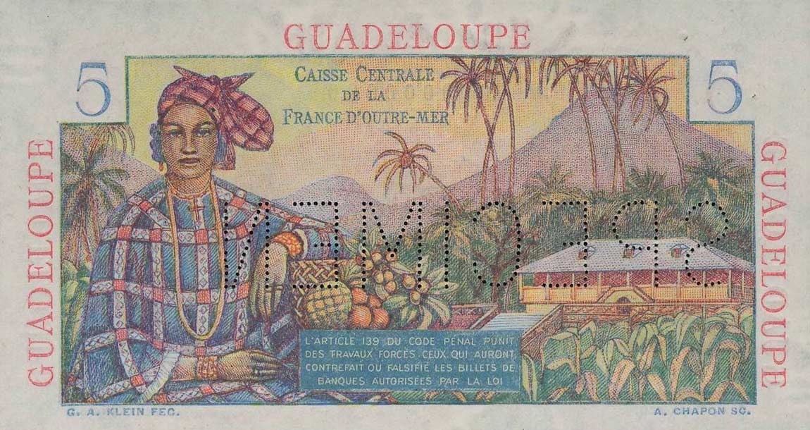 Back of Guadeloupe p31s: 5 Francs from 1947