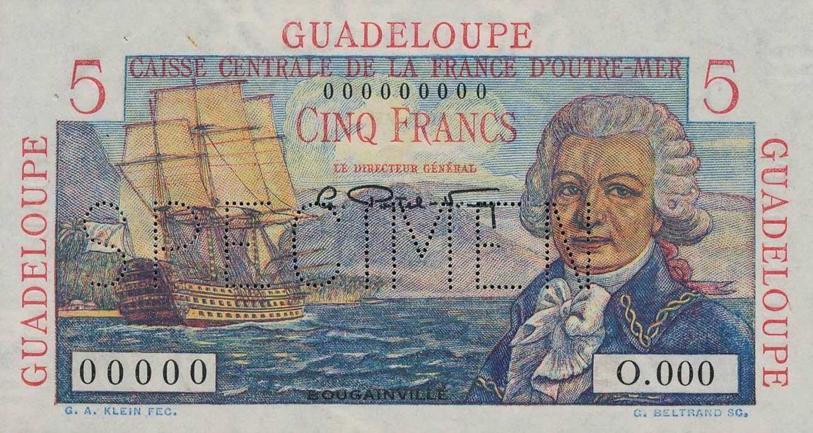 Front of Guadeloupe p31s: 5 Francs from 1947