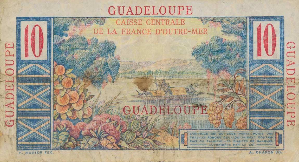 Back of Guadeloupe p32a: 10 Francs from 1947