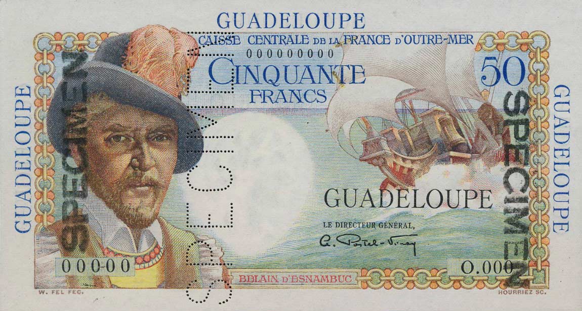 Front of Guadeloupe p34s: 50 Francs from 1947