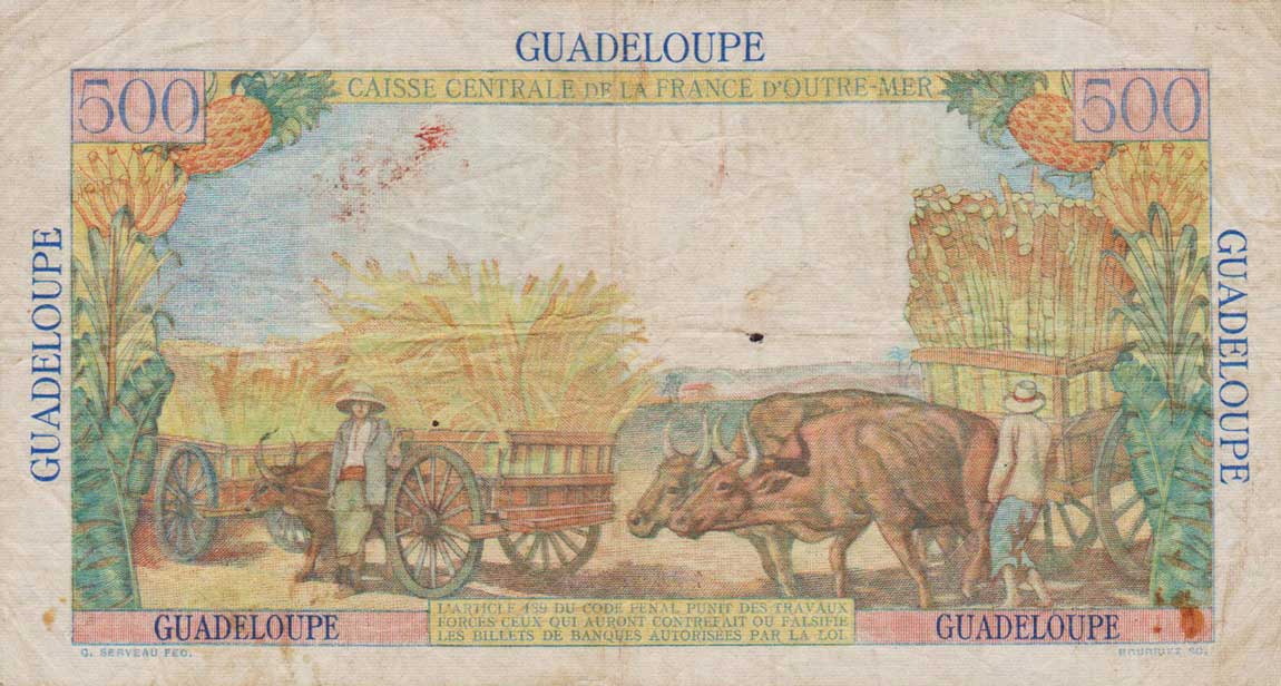 Back of Guadeloupe p36a: 500 Francs from 1947