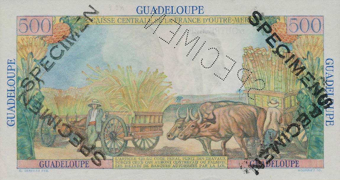 Back of Guadeloupe p36s: 500 Francs from 1947