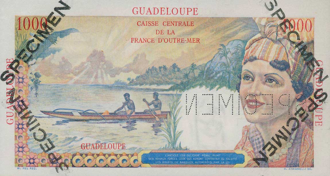 Back of Guadeloupe p37s: 1000 Francs from 1947