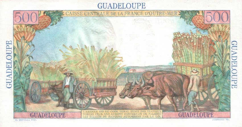 Back of Guadeloupe p42: 5 Nouveaux Francs from 1960