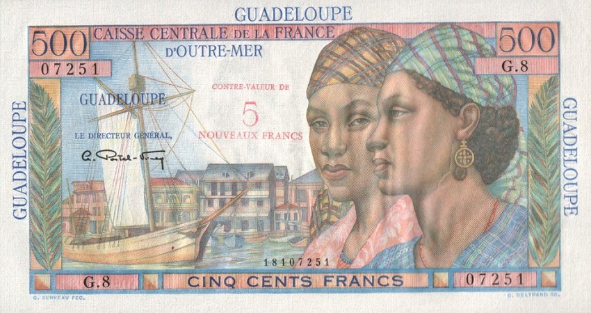 Front of Guadeloupe p42: 5 Nouveaux Francs from 1960