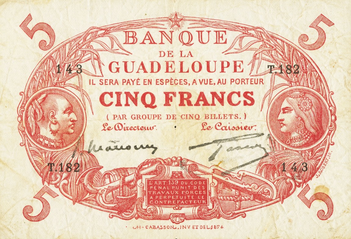 Front of Guadeloupe p7b: 5 Francs from 1928