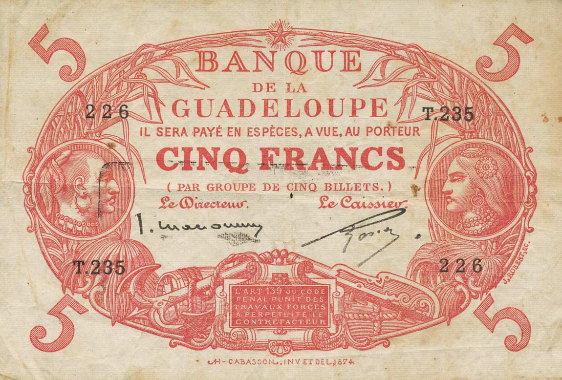 Front of Guadeloupe p7c: 5 Francs from 1934