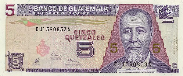 Front of Guatemala p100: 5 Quetzales from 1998