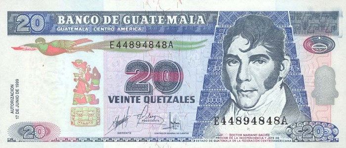 Front of Guatemala p102: 20 Quetzales from 1999