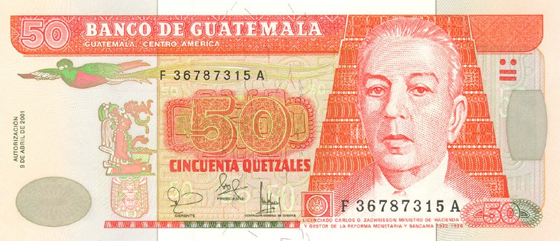 Front of Guatemala p105: 50 Quetzales from 2001