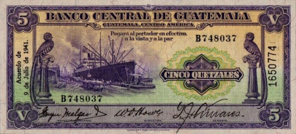 Front of Guatemala p16a: 5 Quetzales from 1934